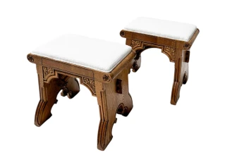 Arts & Crafts Hand-Carved Oak Stools with Boucle Upholstery, 1900s